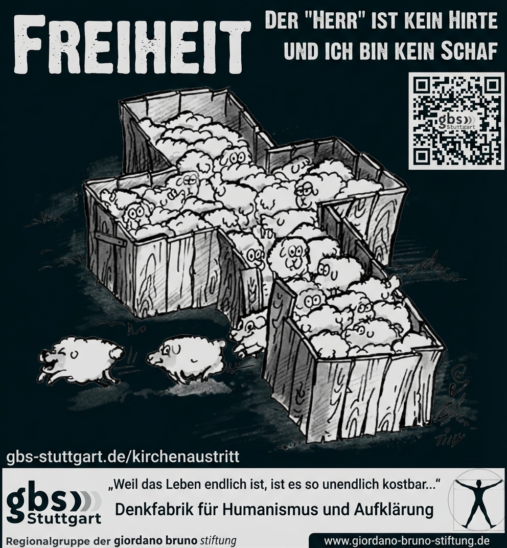 Cartoon: Schafe in kreuzförmigem Gehege, zwei Schafe laufen weg; Überschrift "Freiheit" und Slogan gegen Kirche.